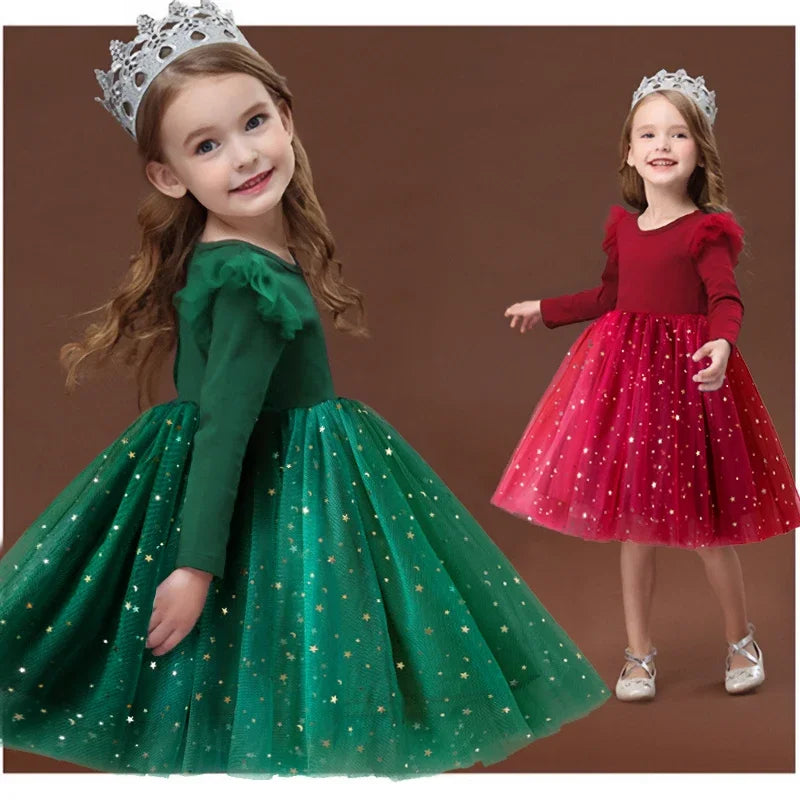 Green Christmas Dress for Kids Girls Autumn Long Sleeves Princess Dresses Children Winter Birthday Party New Year Costume 3-8Yrs