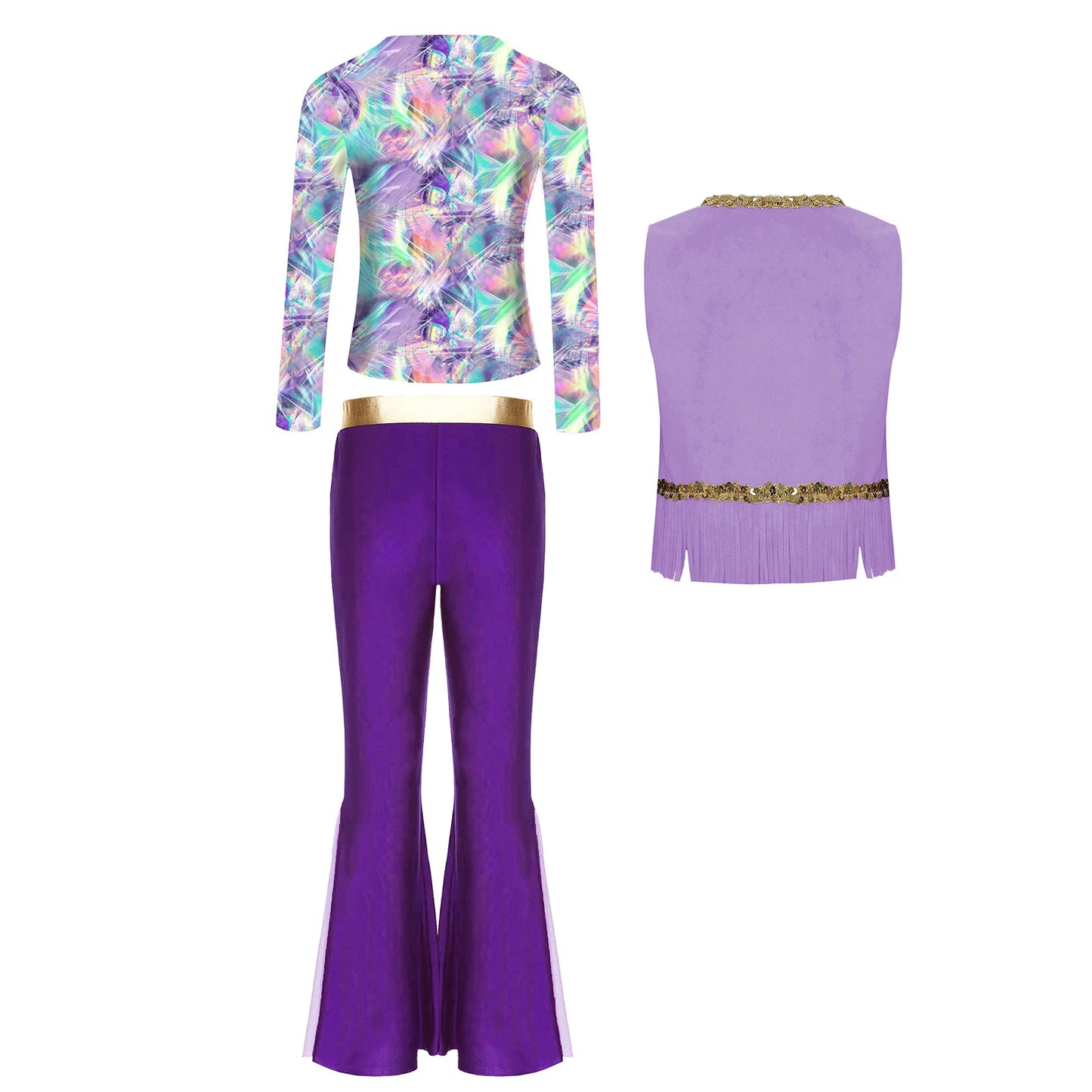 Girls Halloween Disco Hippie Western Cowgirl Carnival Cosplay Costume Printed Shirt Tops with Tassels Vest And Flared Pants Set