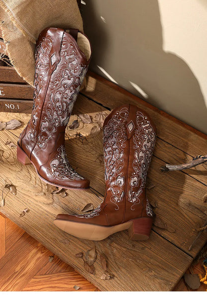 Women Embroidered White Western Cowboy Boots Block Heel Pull-On Pointed Toe Crystal Cowgirl Booties