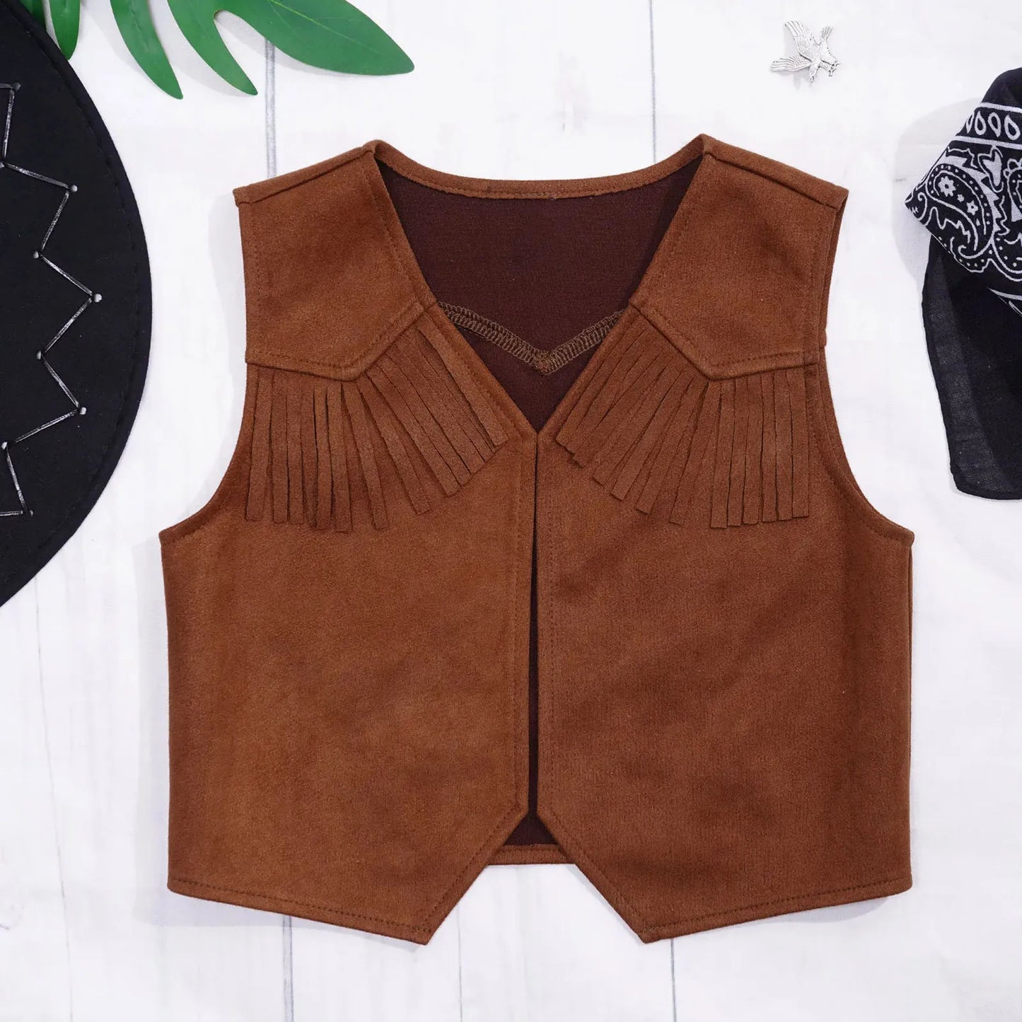 Costume de cow-boy et de cow-girl du Far West, déguisement d'Halloween, gilet sans manches à franges avec bandana et chapeau
