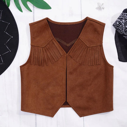 Costume de cow-boy et de cow-girl du Far West, déguisement d'Halloween, gilet sans manches à franges avec bandana et chapeau