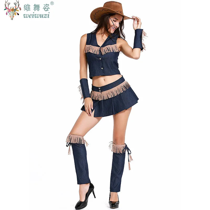 Carnival Halloween Lady Sexy West Cowboy Costume Prairie Pioneer Cowgirl Tassels Clubwear Roleplay Cosplay Party Fancy Dress