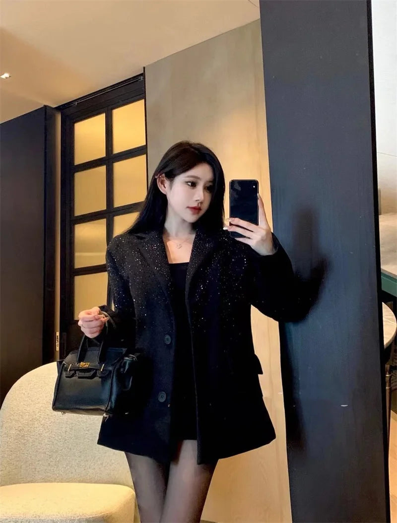 Senior Heavy Industry Suit Jacket Women 2024 Spring Autumn New Korean Version Rhinestone Western Style Blazer Coat Female Tops