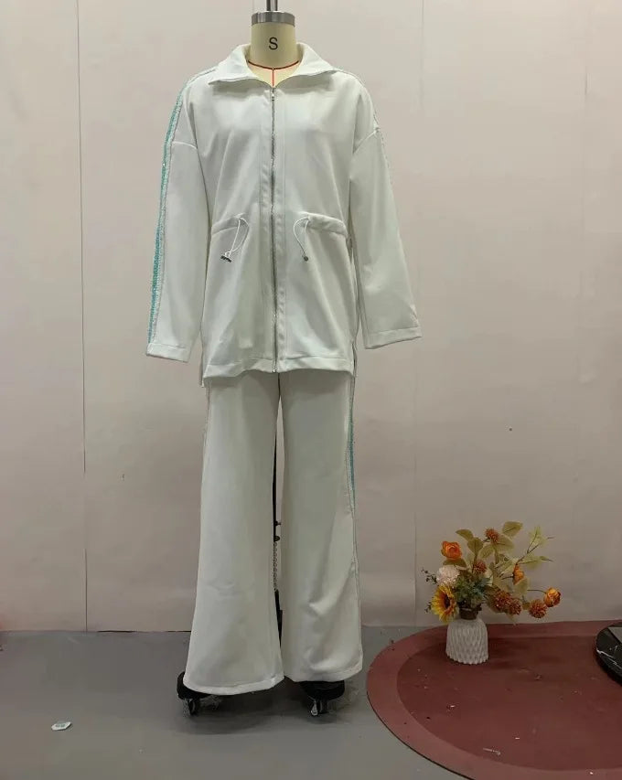 Ensemble deux pièces pour femme, mode automne-hiver, patchwork, paillettes, manches longues contrastées, fermeture éclair, manteau, pantalon large décontracté