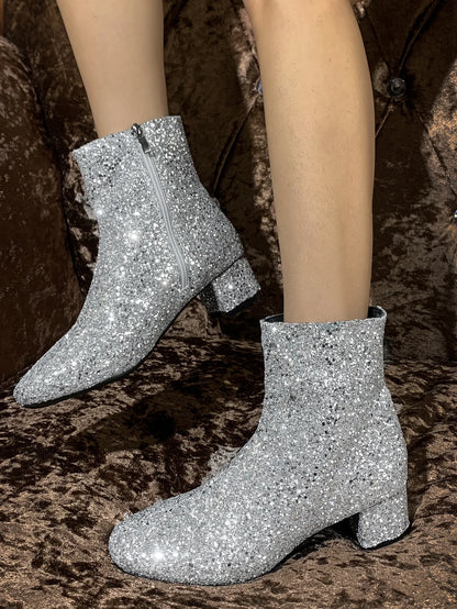 Boots Women Christmas Glitter Zipper Chunky Heel Ankle Boot Sequins Round Toe Chunky Heels Ankle Boots Party Shoes for Women