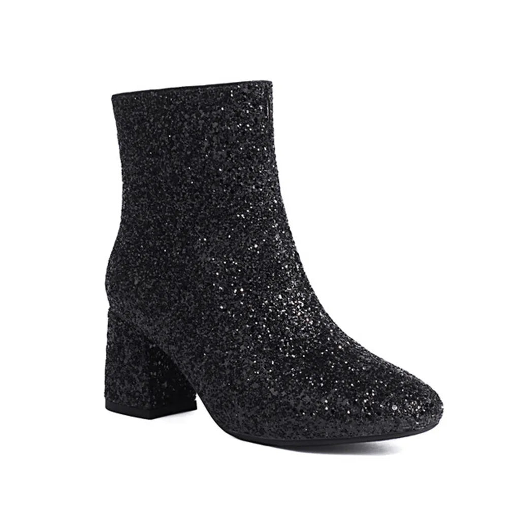 GIGIFOX Women Sequins Glitter Ankle Boots Chunky High Heel Side Zipper Shiny Fashion Shoe Sparkly Wedding Party Mid-Calf Booties