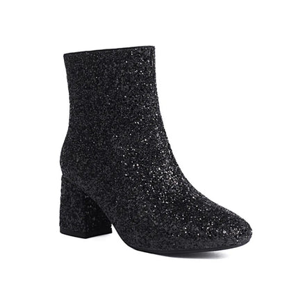 GIGIFOX Women Sequins Glitter Ankle Boots Chunky High Heel Side Zipper Shiny Fashion Shoe Sparkly Wedding Party Mid-Calf Booties