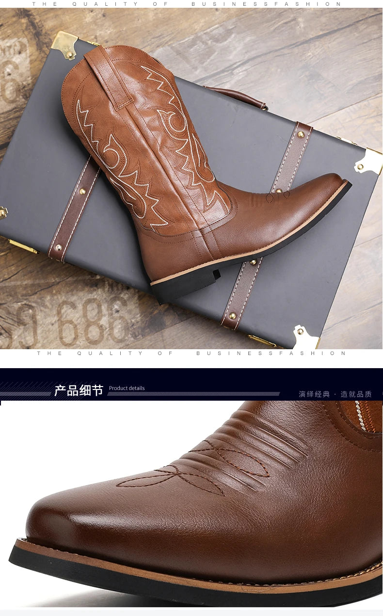 Men Boot 2024 Mid Calf Western Cowboy Motorcycle Boots Male Autumn Outdoor PU Leather Totem Med Heel Fashion Designed Men Boots