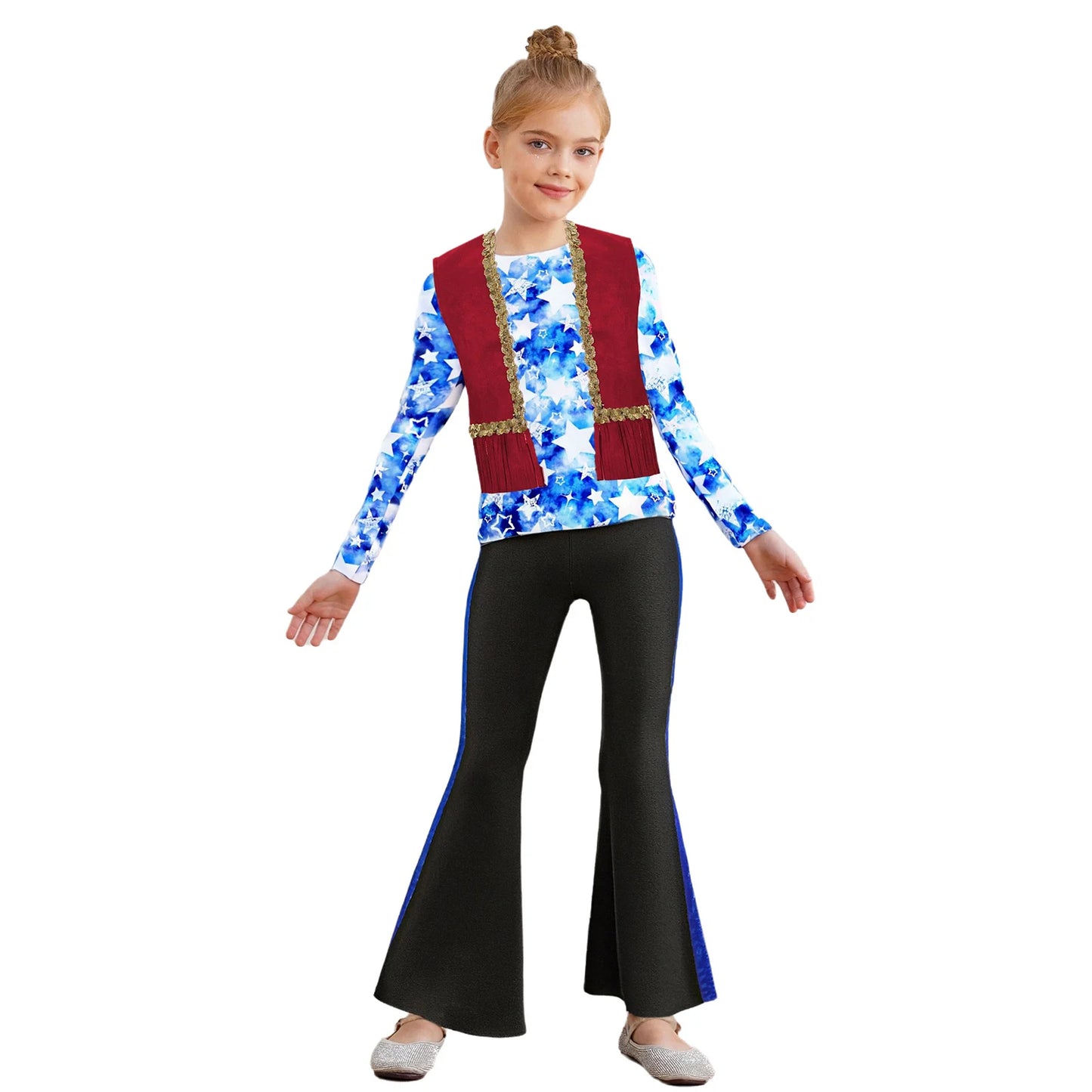 Girls Halloween Disco Hippie Western Cowgirl Carnival Cosplay Costume Printed Shirt Tops with Tassels Vest And Flared Pants Set
