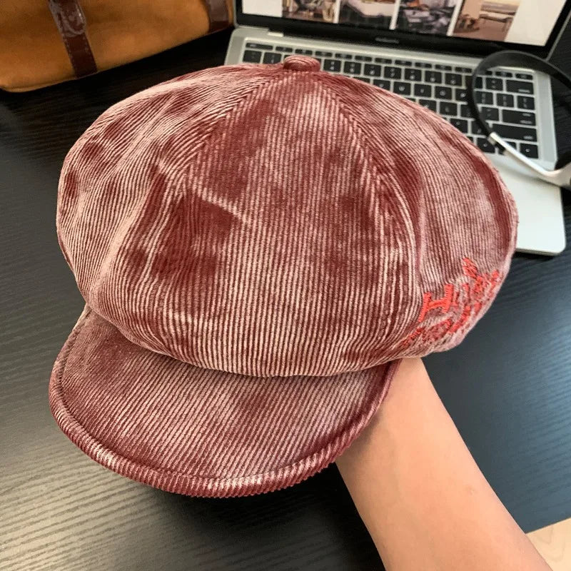 Bérets en velours côtelé rétro brodés avec lettres mignonnes pour femmes, petit chapeau de peintre littéraire polyvalent et décontracté pour printemps et automne