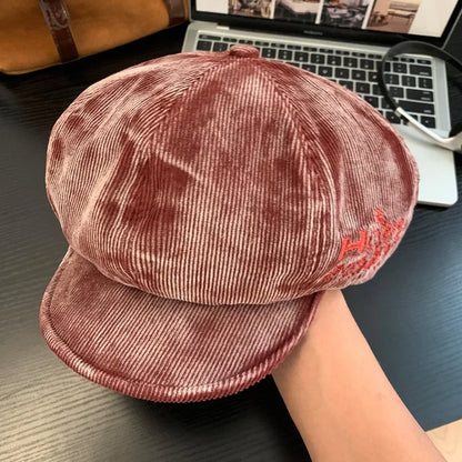 Bérets en velours côtelé rétro brodés avec lettres mignonnes pour femmes, petit chapeau de peintre littéraire polyvalent et décontracté pour printemps et automne