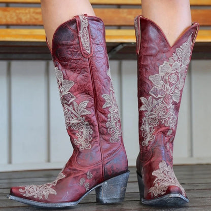 Western Style Women's Pointed Large Embroidered Rose High Heels Vintage Old Women's Boots High Barrel Western Boots