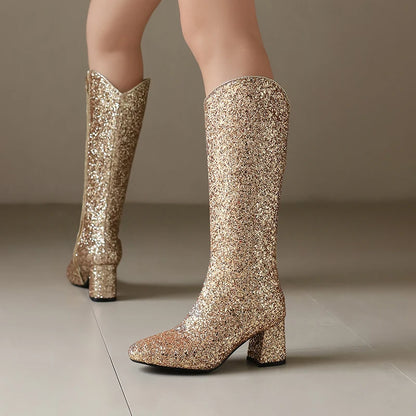 Grainy Sequin Women's Tall Boots Bling Sung Fit Knee High Boots 6.5cm Heels Comfy 2024 Winter Shoes