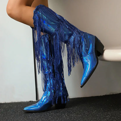 Bottes western à sequins et pompons, noires et argentées, courtes, en peluche, automne/hiver, talon de 6,5 cm, style bohème, hauteur genou, pointures 36 a 46.