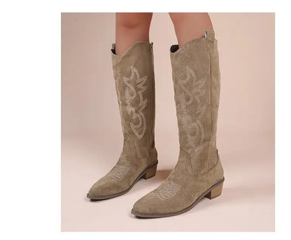 Winter New Coarse Heel Look Thin Tall Long Boots Not Over Knee Embroidered Retro Western Cowboy Boots 2025 New
