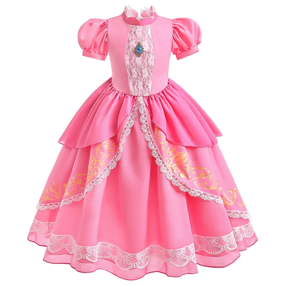 Peach Princess Costume with LED Color Light Toddler Birthday Game Role Play Dress Girl Halloween Festival Gown Pink Lace 2-9 Y C