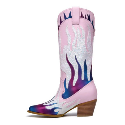 Women's Metallic Western Boots with Pointed Toe, Mid-calf To Knee-high Height, Sparkly and Colorful Design. Stylish Cowgirl Look