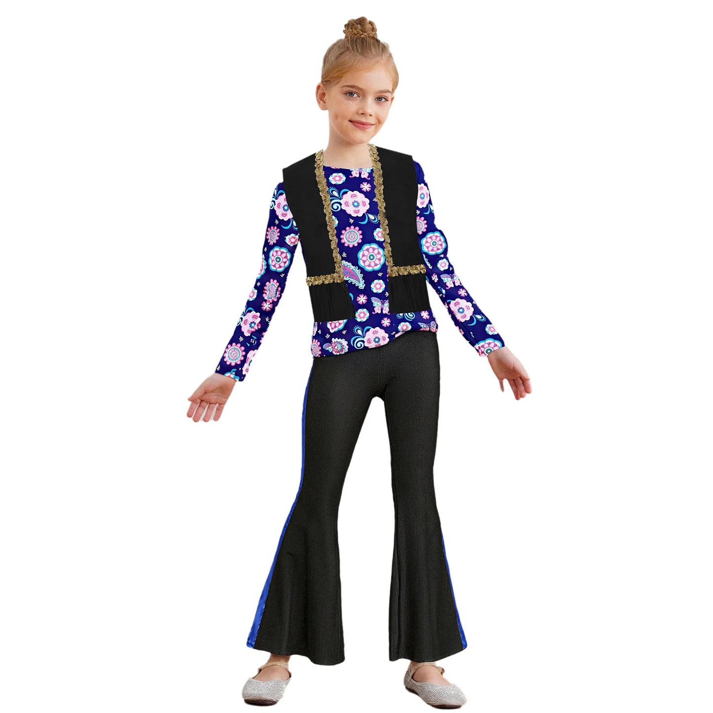 Girls Halloween Disco Hippie Western Cowgirl Carnival Cosplay Costume Printed Shirt Tops with Tassels Vest And Flared Pants Set