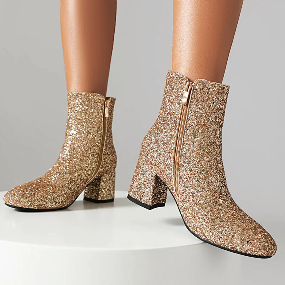 GIGIFOX Women Sequins Glitter Ankle Boots Chunky High Heel Side Zipper Shiny Fashion Shoe Sparkly Wedding Party Mid-Calf Booties