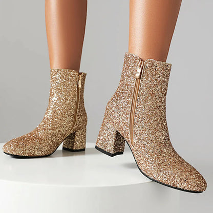 GIGIFOX Women Sequins Glitter Ankle Boots Chunky High Heel Side Zipper Shiny Fashion Shoe Sparkly Wedding Party Mid-Calf Booties