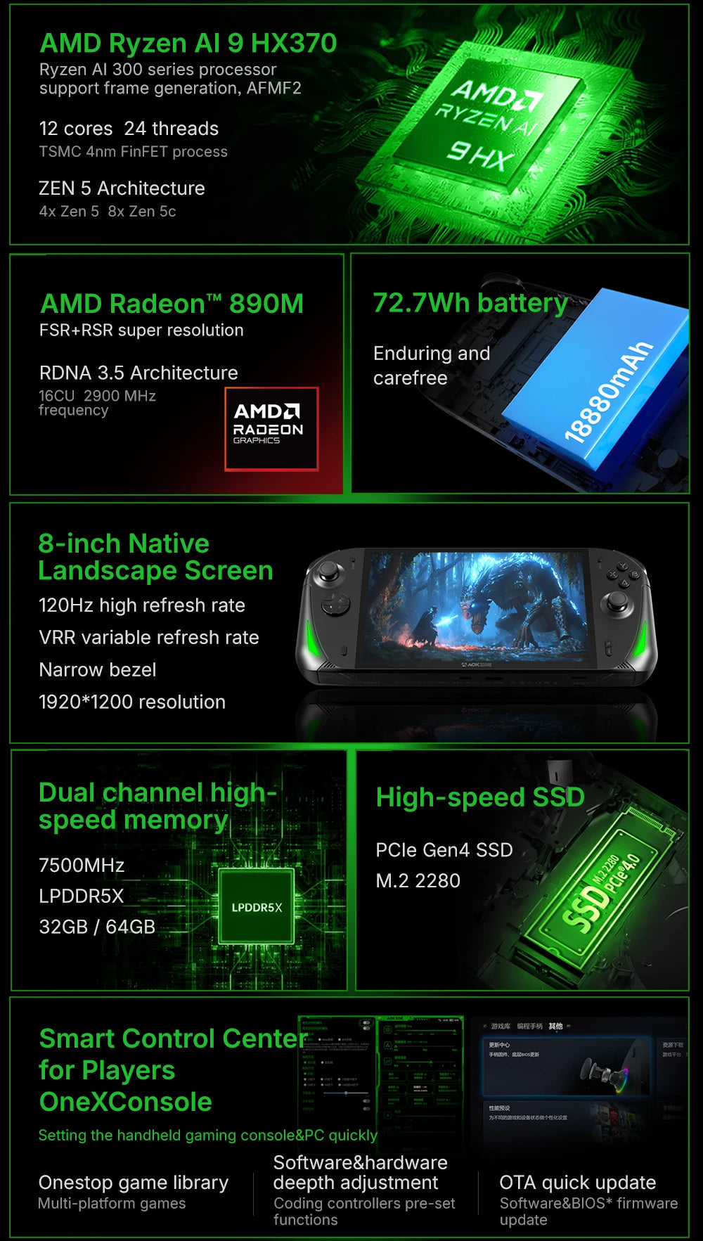 AOKZOE A1X AMD AI 9 HX 370 PC Game Console 8 Inch Native Landscape Screen Windows Handheld Laptops VRR 72.7Wh For Steam 3A Game