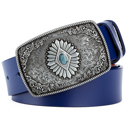 Ceinture classique en cuir véritable avec boucle en émail saphir et motif floral sculpté en argent pour femmes et hommes, cadeau