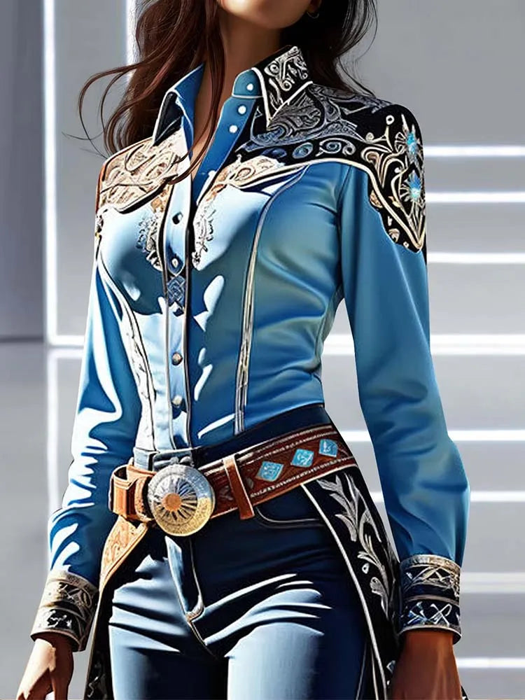 Elegant Chic Women Tops Western Print Shirt Collar Buttons Long Sleeve Blouse Patchwork Slim Waist Office Lady Shirts Blouses