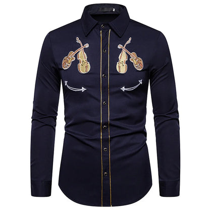 Chemise de style occidental pour hommes, motif d'instrument de musique, imprimé bouton à manches longues de rue, vêtements de sport de rue à la mode