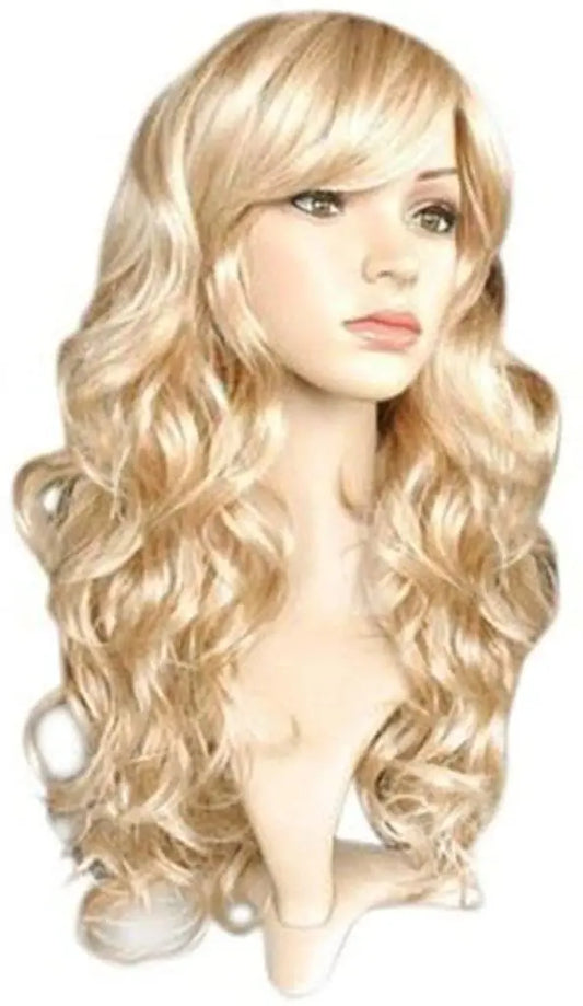 Perruque longue ondulée en cheveux synthétiques, couleur or, résistante à la chaleur, pour cosplay, femme, blonde métissée, idéale pour les fêtes.