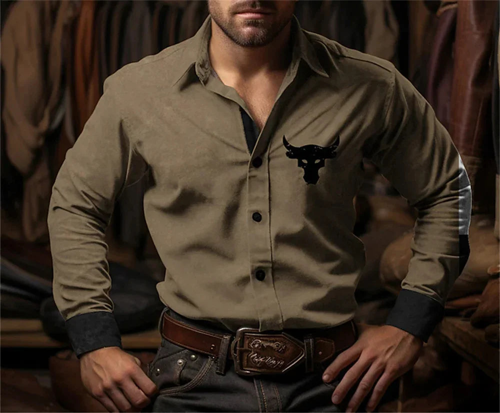 Chemise à manches longues à imprimé floral de cow-boy occidental pour le printemps et l'été, chemise à col pour homme en tissu doux et confortable