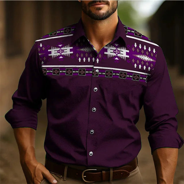 Chemise à manches longues style occidental pour homme, coupe ajustée, décontractée, confortable, simple, tenue sociale, style national rétro, style tribal