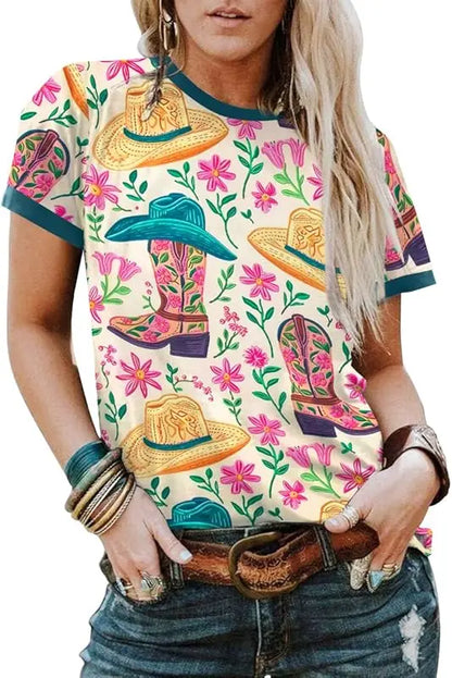 Bohemian Western Cowgirl Shirt: Vintage Western Rodeo Pattern T-Shirt Cowgirl 3D Digital Print Short Sleeve Top
