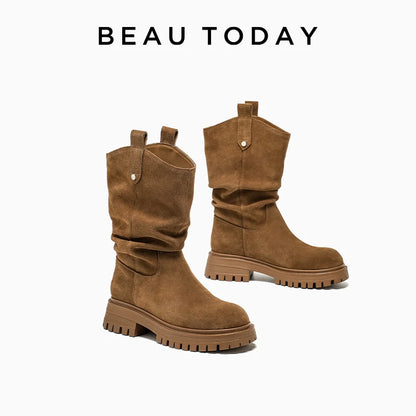 BEAUTODAY Ruched Western Boots Women Cow Suede Leather Rivet Decoration Round Toe Solid Color Autumn Winter Shoes Handmade 06304