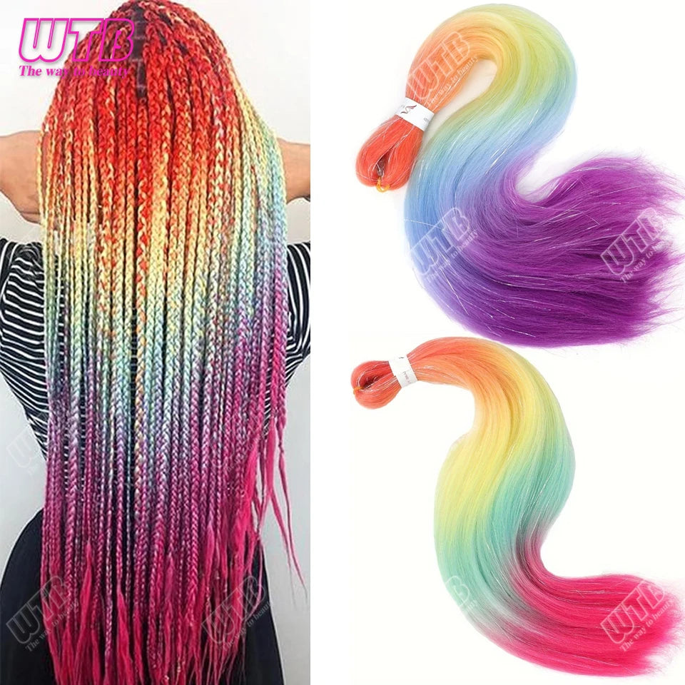Postiche synthétique ombré arc-en-ciel de 66 cm, couleurs mélangées, long et lisse, tresses jumbo au crochet pour femmes