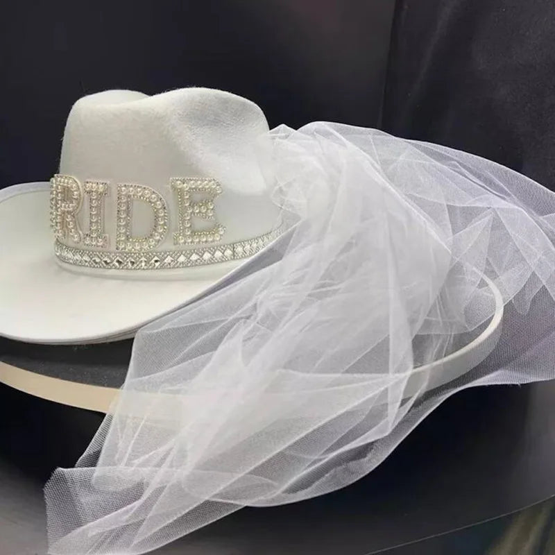 Bride White Cowboy Veil Hat Pearl Rhinestone Wedding Cowgirl Hat Bach Bachelorette Hen Party Bridal Shower Decoration Gift