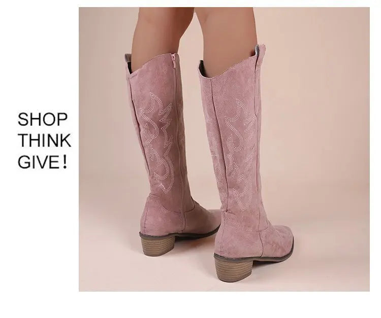 Winter New Coarse Heel Look Thin Tall Long Boots Not Over Knee Embroidered Retro Western Cowboy Boots 2025 New