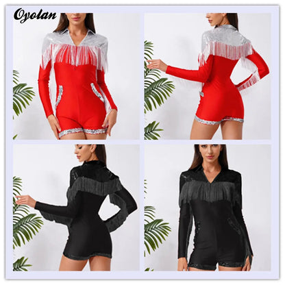 Womens Sequins Western Cowgirl Cosplay Costume Tassel Fringe Boyshorts Rompers 70s 80s Disco Bodysuit Front Zip Playsuit