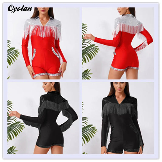 Womens Sequins Western Cowgirl Cosplay Costume Tassel Fringe Boyshorts Rompers 70s 80s Disco Bodysuit Front Zip Playsuit