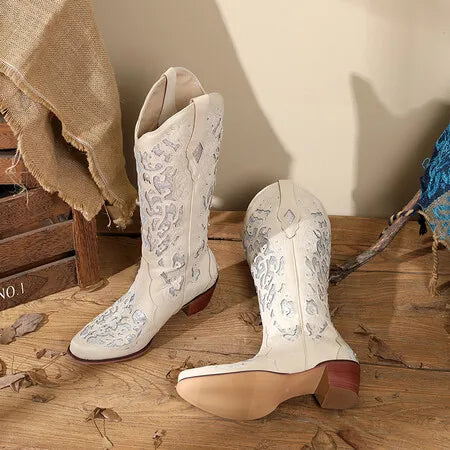 Women Embroidered White Western Cowboy Boots Block Heel Pull-On Pointed Toe Crystal Cowgirl Booties