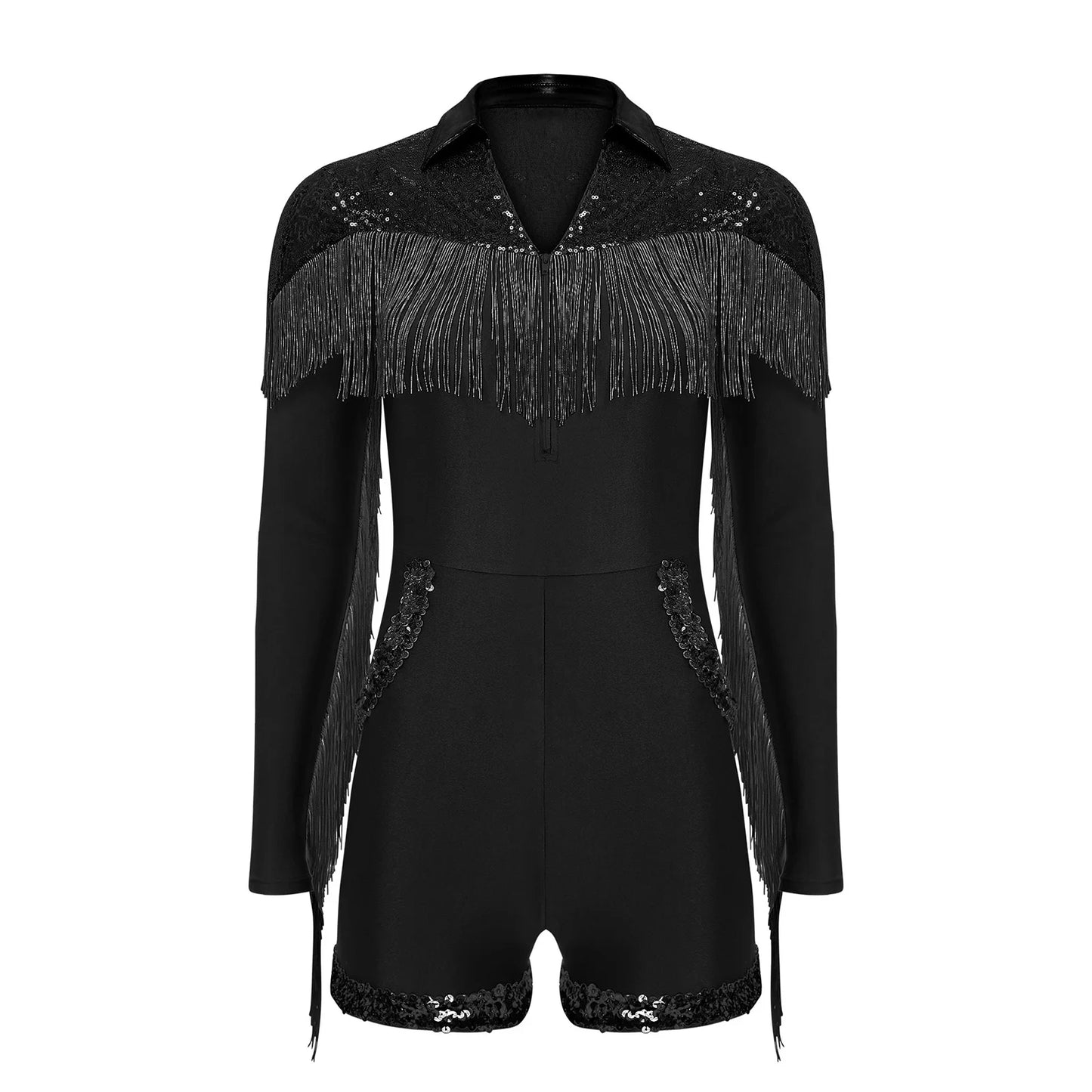 Womens Halloween Western Cowgirl Playsuit Sparkly Cosplay Costume 70s 80s Disco Bodysuit Tassel Fringe Sequins Boyshorts Rompers