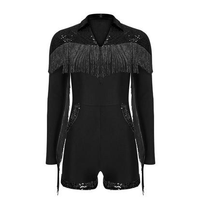 Womens Halloween Western Cowgirl Playsuit Sparkly Cosplay Costume 70s 80s Disco Bodysuit Tassel Fringe Sequins Boyshorts Rompers