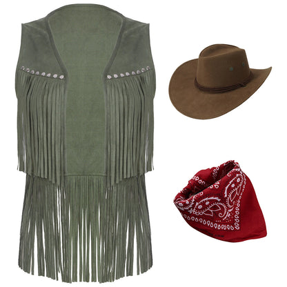Gilet de cowboy pour femme, costume de cosplay, en faux daim, avec pompons et rivets, pour Halloween, avec bandana