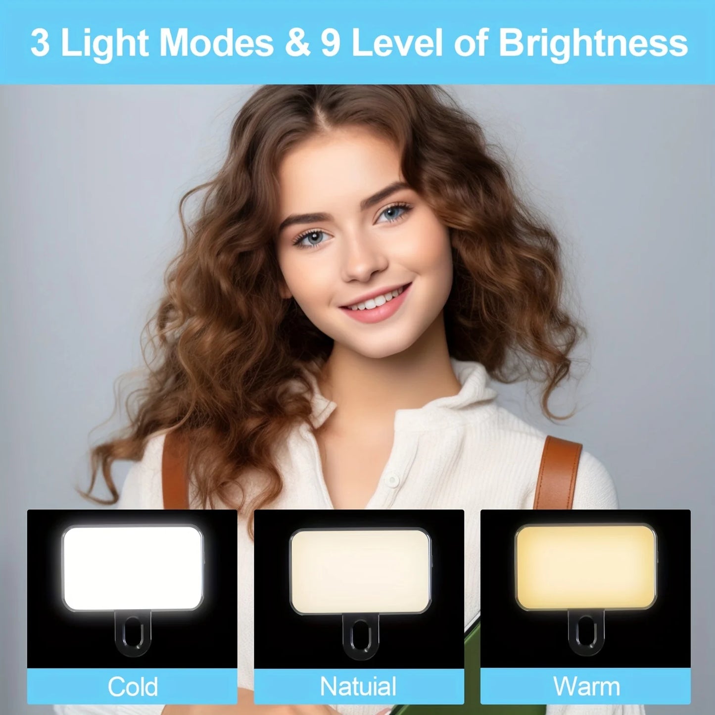 Lumière de remplissage pour selfie – Mini LED à clipser, rechargeable, 3 modes de couleur et luminosité réglable pour téléphones et ordinateurs