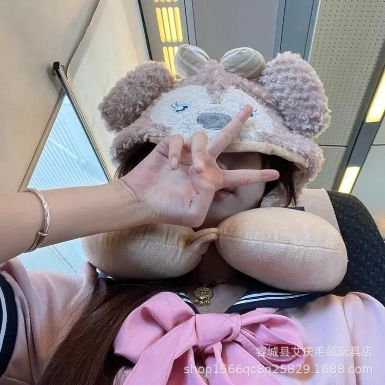 Cartoon plush Stitch Ling Nabelle U-shaped pillow with hooded neck pillow travel car plane office nap artifact girl gifts