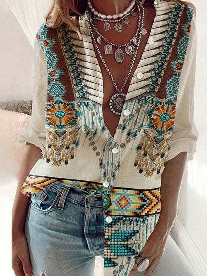 Chemise à manches longues pour femme, style ethnique occidental, imprimé, mode, sexy, décontractée, slim