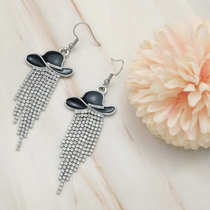 Western Cowgirl Dangle Earrings Enamel Hat Sparkly Rhinestone Tassel Pendant Prom Country Concerts Rodeo Cowboy Women Jewelry