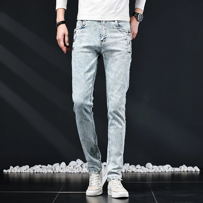 Jean slim slim pour homme, nouveau design élastique coréen, mode multi-boutons, bleu, blanc, délavé vintage, coton extensible, pantalon en denim