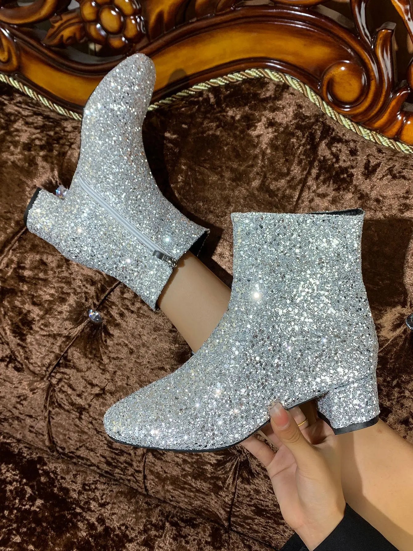 Boots Women Christmas Glitter Zipper Chunky Heel Ankle Boot Sequins Round Toe Chunky Heels Ankle Boots Party Shoes for Women