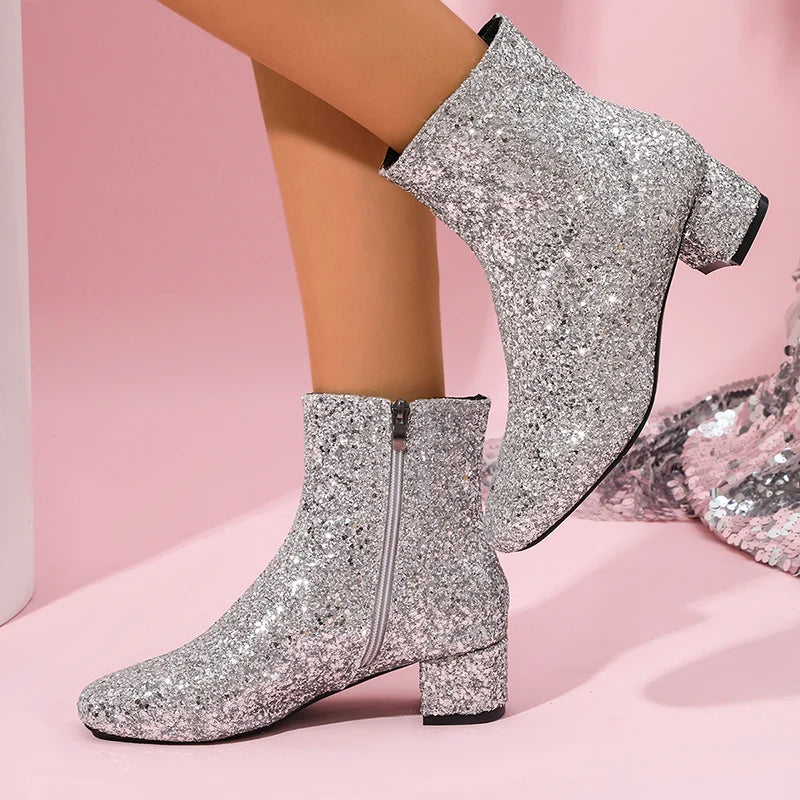 Women's Sparkling Silvers Glitter Ankle Boots Fashion Chunky Mid Heel Zipper Short Boots Women Round Toe Plus Size Botas Mujer