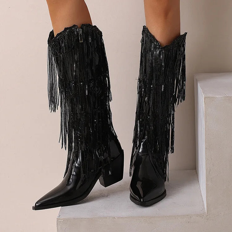 Bottes western à sequins et pompons, noires et argentées, courtes, en peluche, automne/hiver, talon de 6,5 cm, style bohème, hauteur genou, pointures 36 a 46.